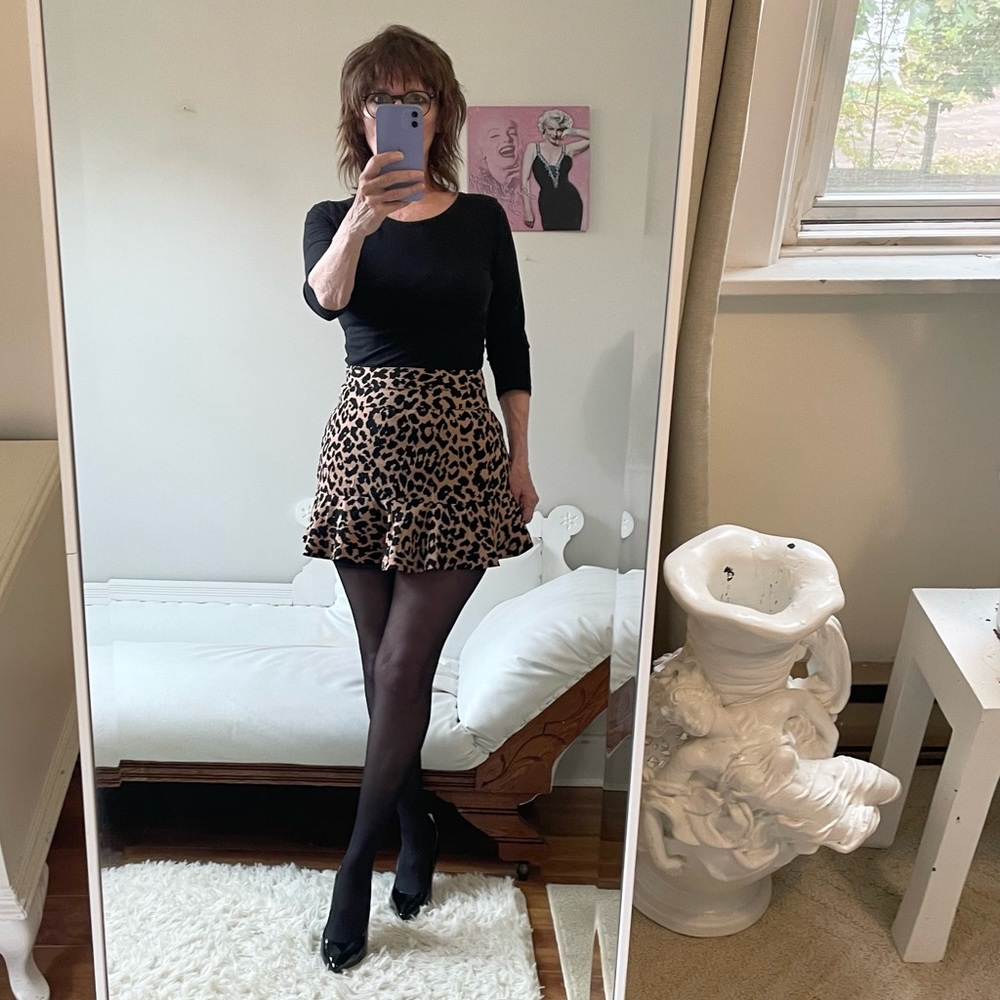 BROWN BLACK LEOPARD PRINT MINI SKIRT FLOUNCED HEM ZIPPER RUFFLE KIMCHI BLUE